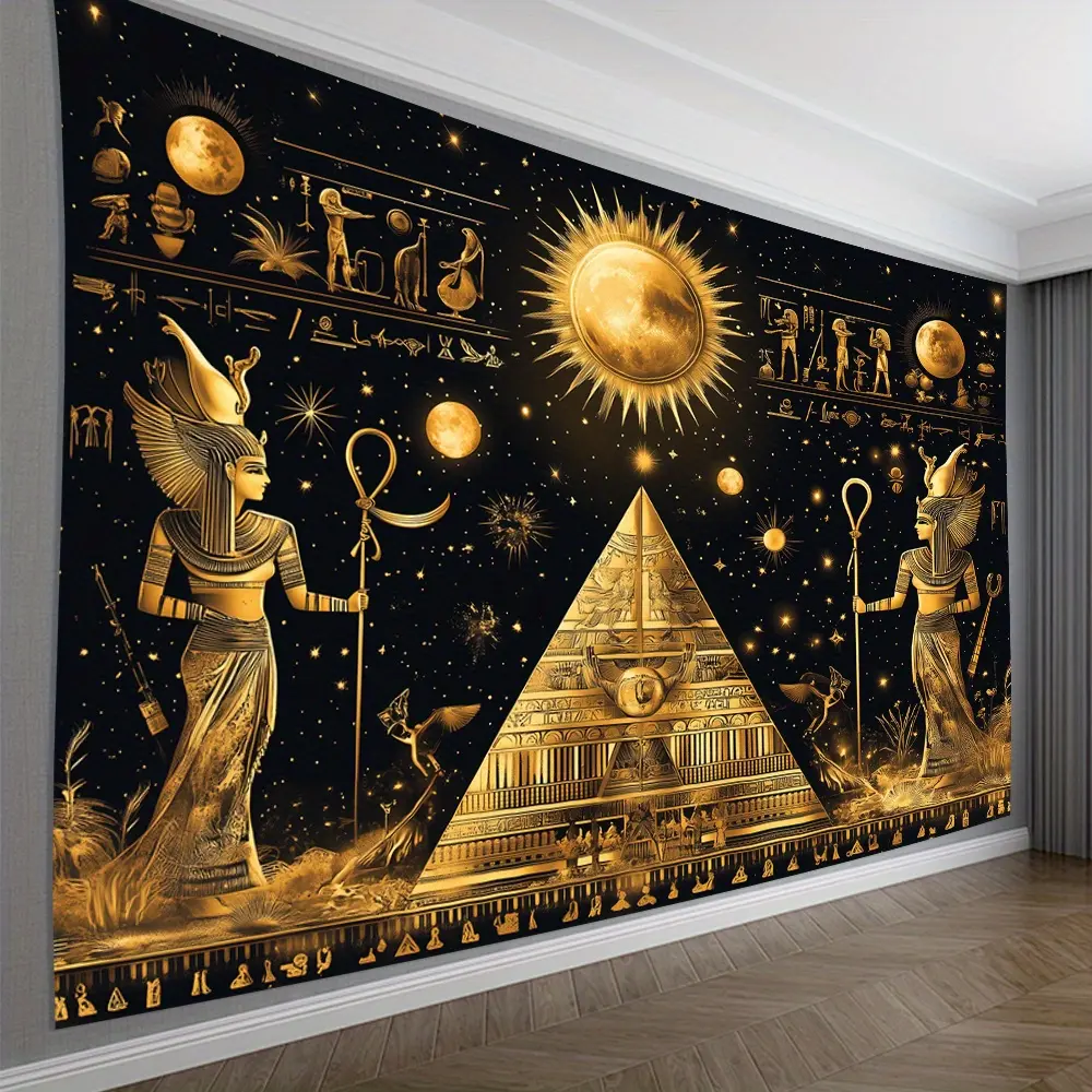 Egyptian Pyramid Tapestry - Ancient Egypt Wall Decor with Sphinx, Anubis, Hieroglyphics - Golden & Black Vintage Egyptian Art - Horizontal Hanging Fabric for Living Room, Bedroom, Office, Party - Easy Hang No Installation Needed - Egyptian-Themed Home Dec
