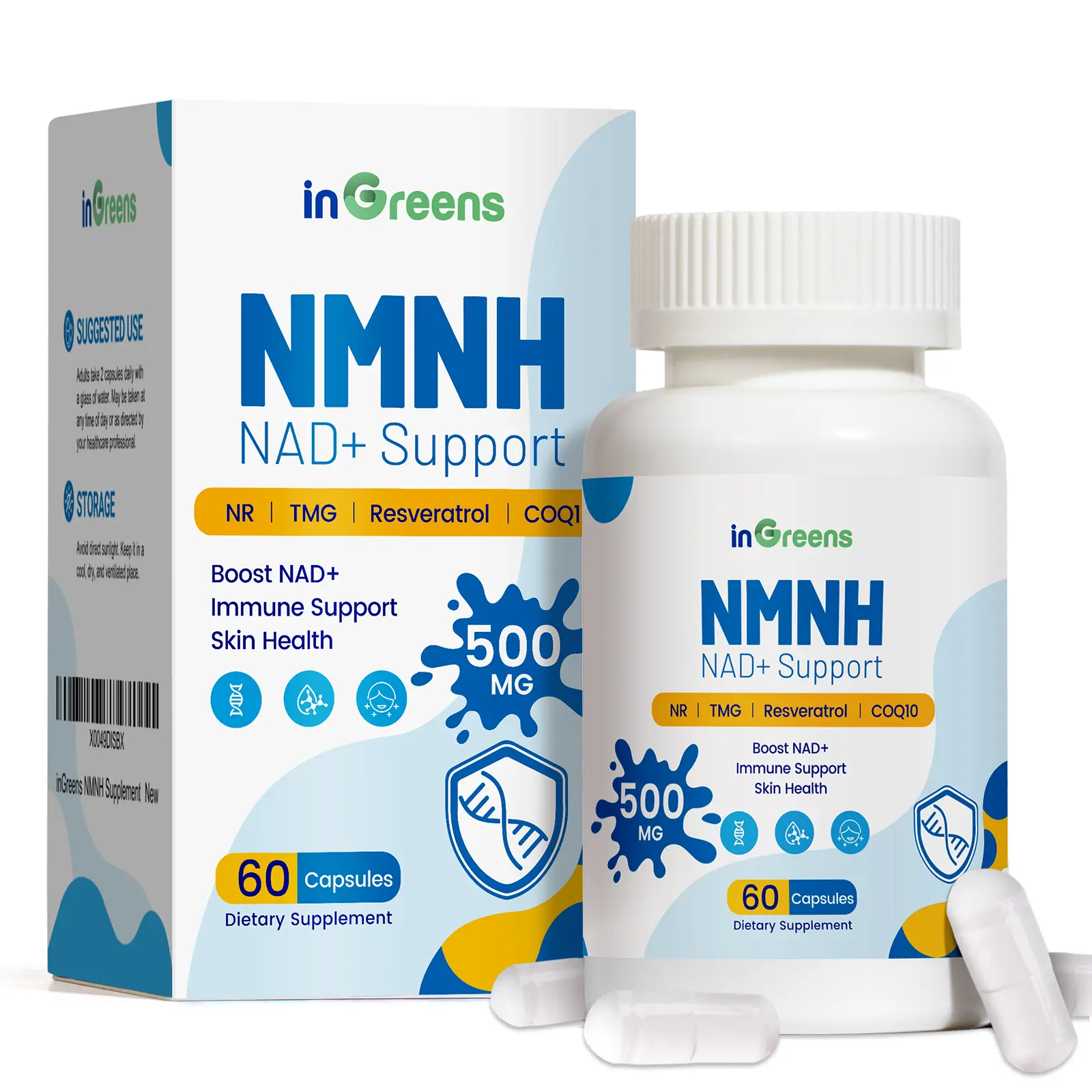 inGreens NMNH Supplement with NR, TMG, Resveratrol, COQ10 - Upgraded version of NAD, 500mg per serving, GMO Free - 60 Capsules/1 Pack, 120 Capsules/2 Pack