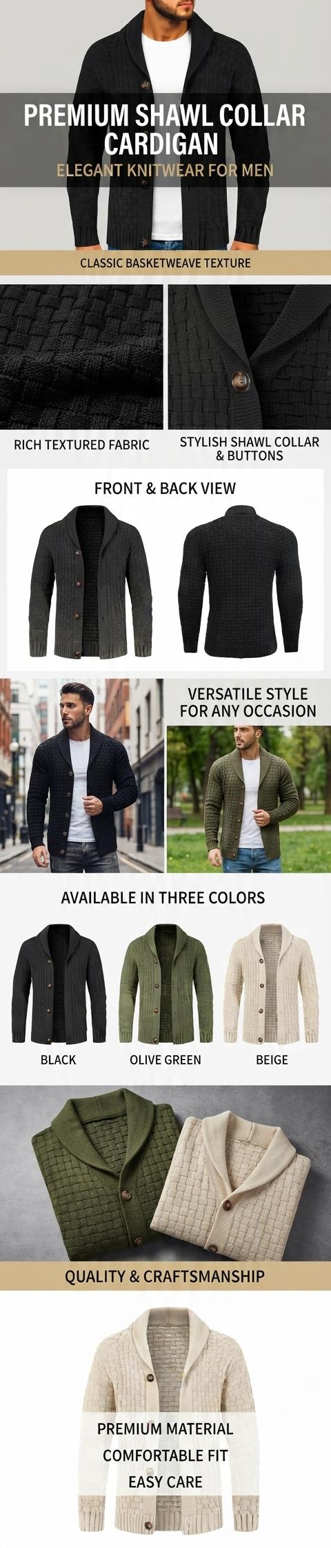 Men’s Textured Waffle Knit Cardigan Sweater - Elegant Menswear Knitwear Top with Wood-Grain Large Buttons, Long Sleeves, Front Opening, Polyester Casual Outerwear for Autumn-Winter Layering, Dry Clean Recommended
