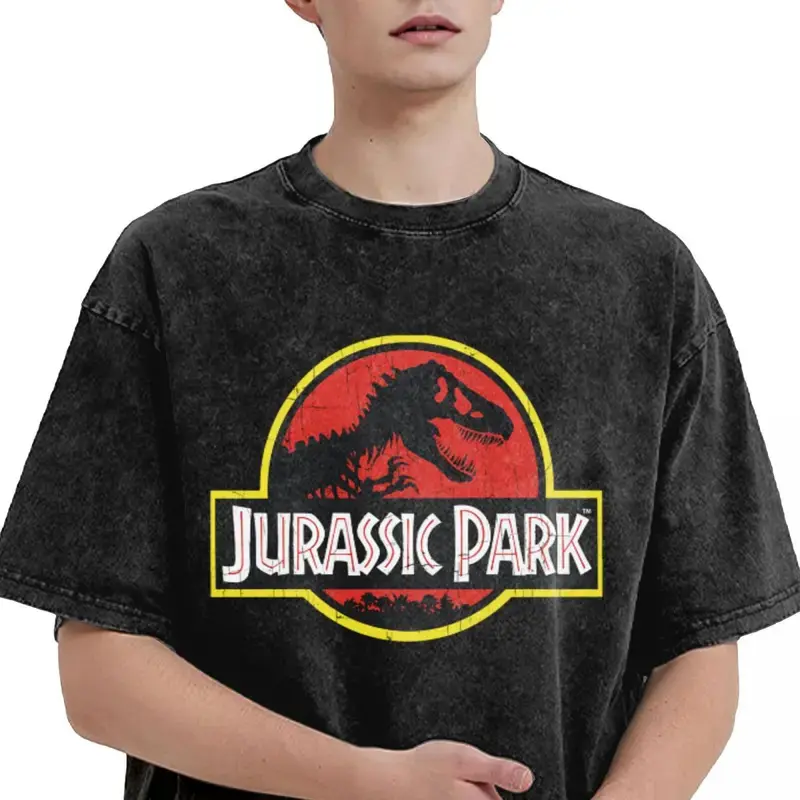 Jurassic Park Washed Retro T-shirt Street Clothing Hip-hop Retro T-shirt Men's and Women's Summer Casual Shirt