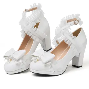 Women's Lolita Ankle Strap Buckle Mary Jane Bow Block Heels Cute Closed Toe Sweet Vintage Lace Mary Jane Kawaii Chunky Pumps White Princess Birthday Party Wedding platform sandal high