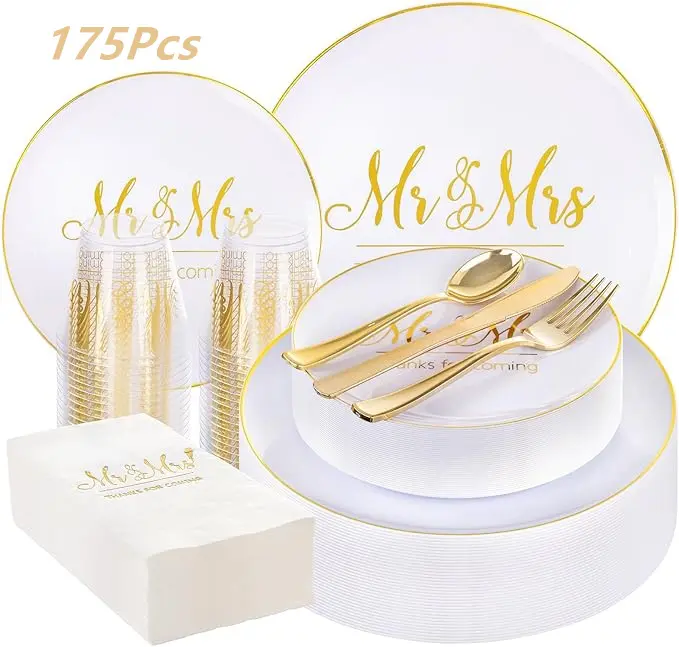 I00000 Mr and Mrs Wedding Plastic Plates and Napkins Set,Bridal Shower Plates Set for 25 Guests Include 25 Dinner Platos,25 Dessert Platos,25 Cups,25 Napkins,25 Gold Cutlery for Engagement Party Decor, Disposable, Print, Party Supplies, Disposable Dinnerw