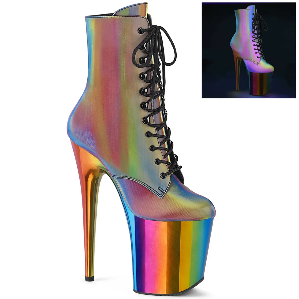 Women's Platform Ankle Boots, Rainbow Reflective Lace-Up with 8-Inch Heel, Side Zip and 4-Inch Chromed Platform, Footwear, Ankle Length