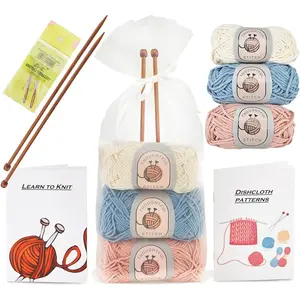 Stitch Knitting Kit for Beginners Adults & Kid Friendly Complete Knitting Kit Learn to Knit Yarn Set with Tutorial Book for Adult Hobbies 100% Cotton Wool & Bamboo Knitting Needle