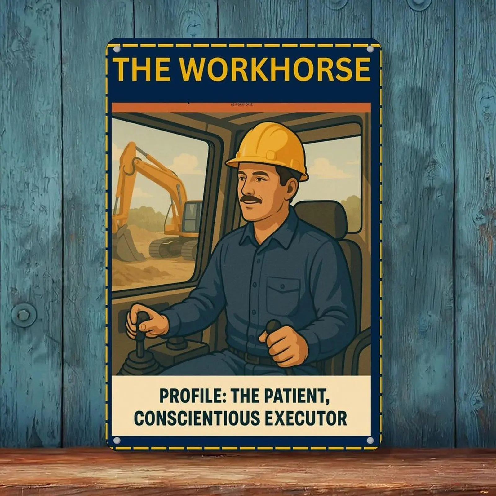 Retro Construction The Workhorse Excavator Operator Worker Vintage Tin Sign 8x12in Workshop Wall Decor Metal Tin Sign