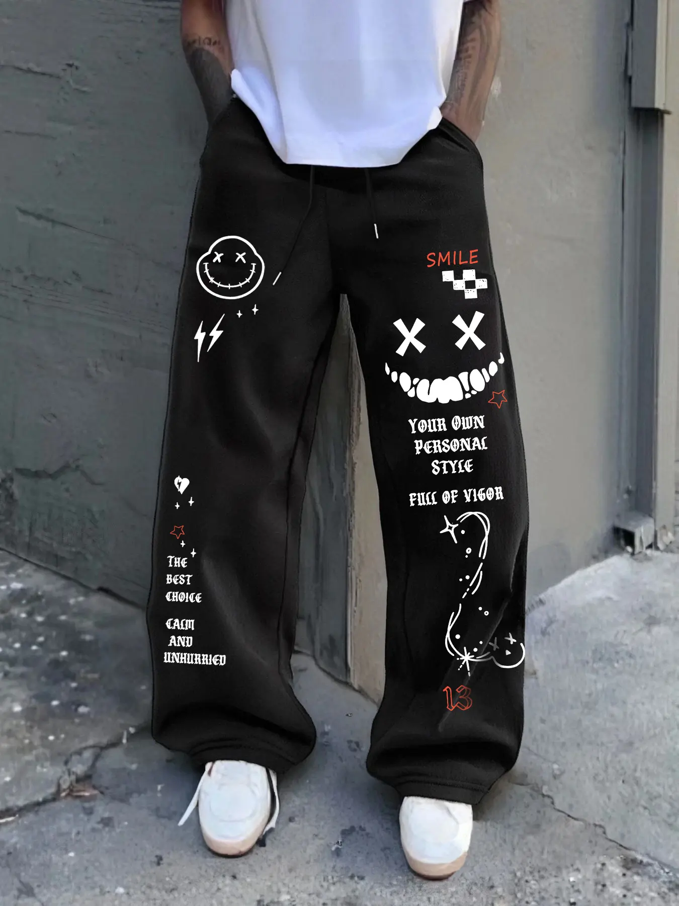 Men's Casual Loose-Fit Cotton Sweatpants, Smiley Face Print Drawstring Waistband, All-Season Comfortable Pants for Daily Wear & Sports