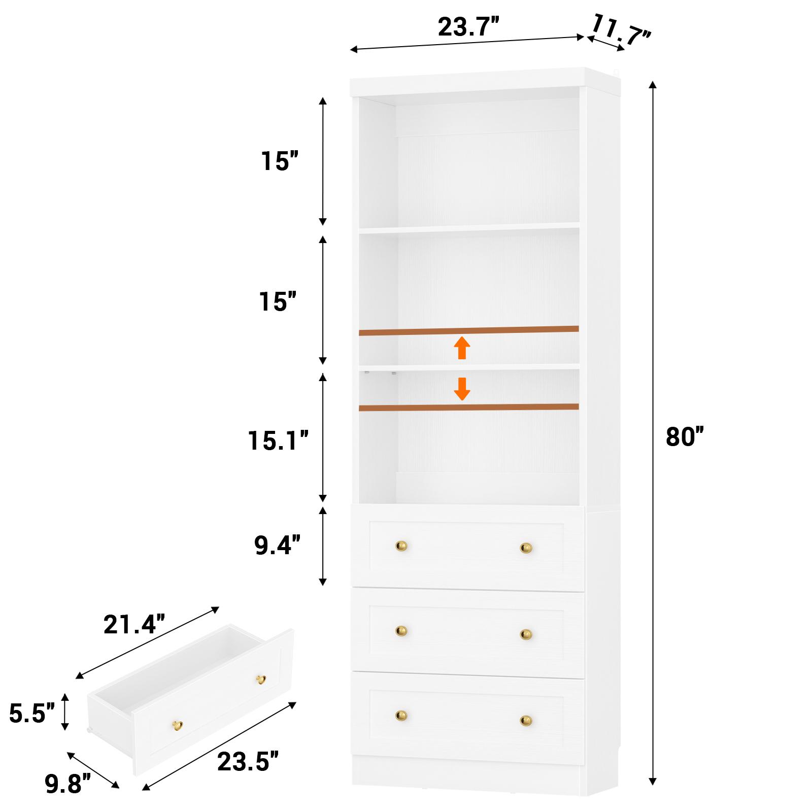 80"Tall Display Bookcase with 3 Wooden Drawers, 24'' W Adjustable Shelves Etagere Bookshelf for Living Room, Home Office, Modern Storage Cabinet 80"Tall Display Bookcase with 3 Wooden Drawers, 24'' W Adjustable Shelves Etagere Bookshelf for Living Room, Home Office, Modern Storage Cabinet