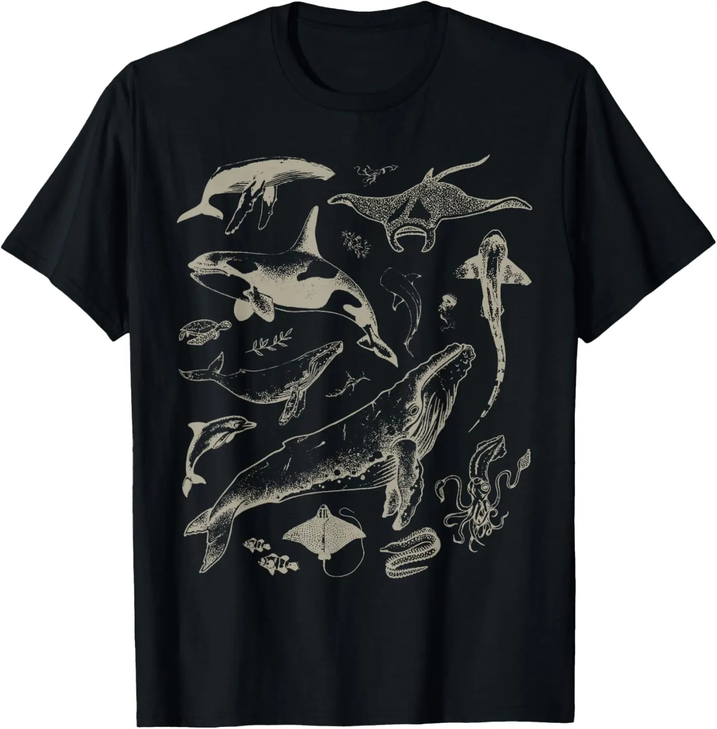 100% Cotton Retro Ocean Wildlife Shark Turtle Octopus Fish Animal Lover T-Shirt