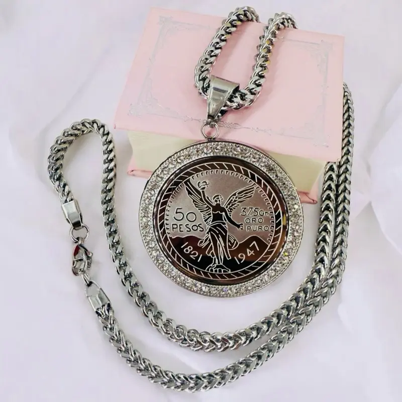 50 Peso Centenario Pendant Chain in Stainless Steel 24" Length 5 mm Width Shiny Zirconia Stones Durable Elegant Jewelry for Everyday Wear or Special Occasions