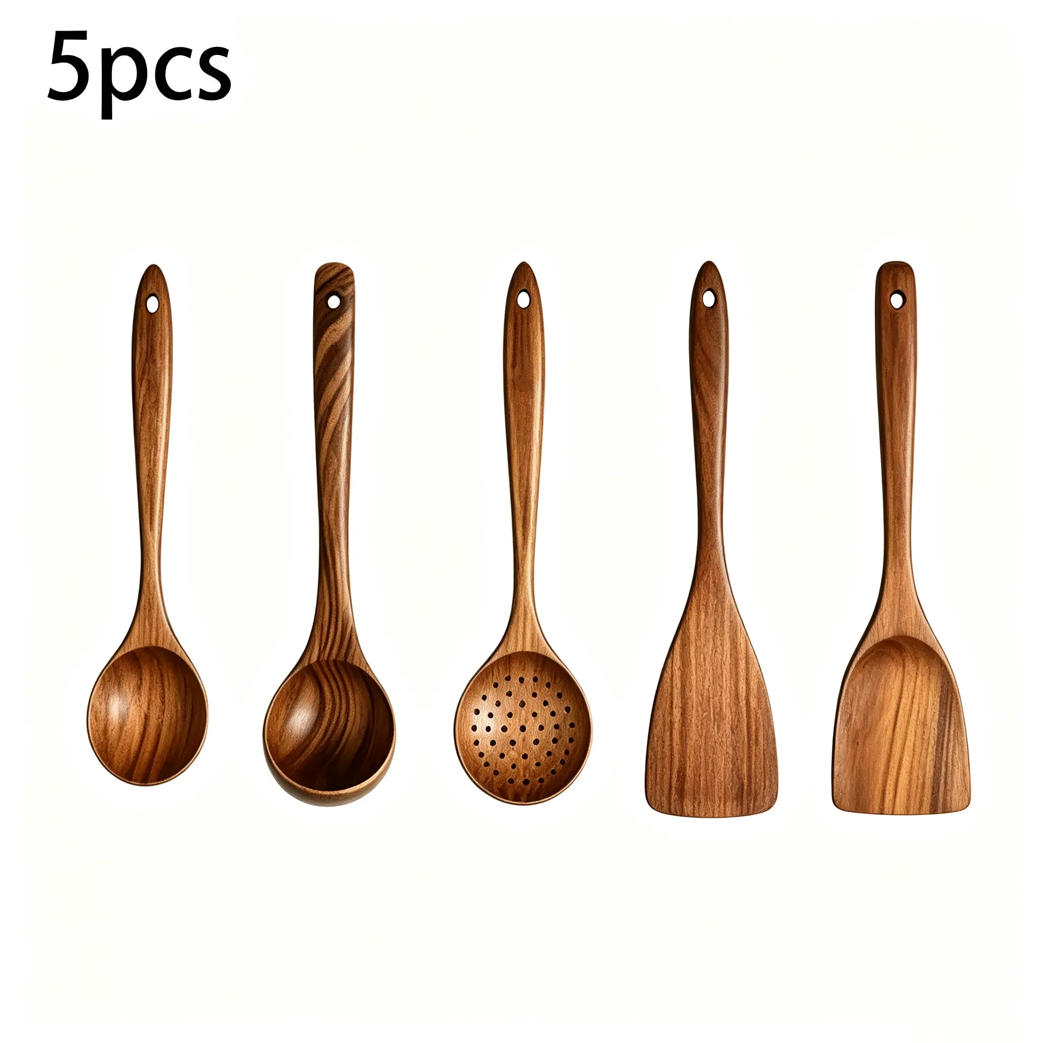 5Piece Premium Wood Kitchenware Set with Ergonomic Handles Purely Natural Eco-Friendly Material- Includes Spoon, Tablespoon and Sauté Spatula, Heat-resistant, Easy-to-Clean, Durable Cooking Tools for Non-Stick Pans Utensils Wooden Cookware Stirring