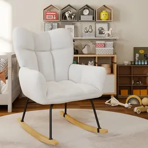 Rocking Chair Nursery,High Back Rocker with ThickFoam Cushions, Heavy Duty Anti-Tip Frame, Plush FabricWhite Pink Grey Green]