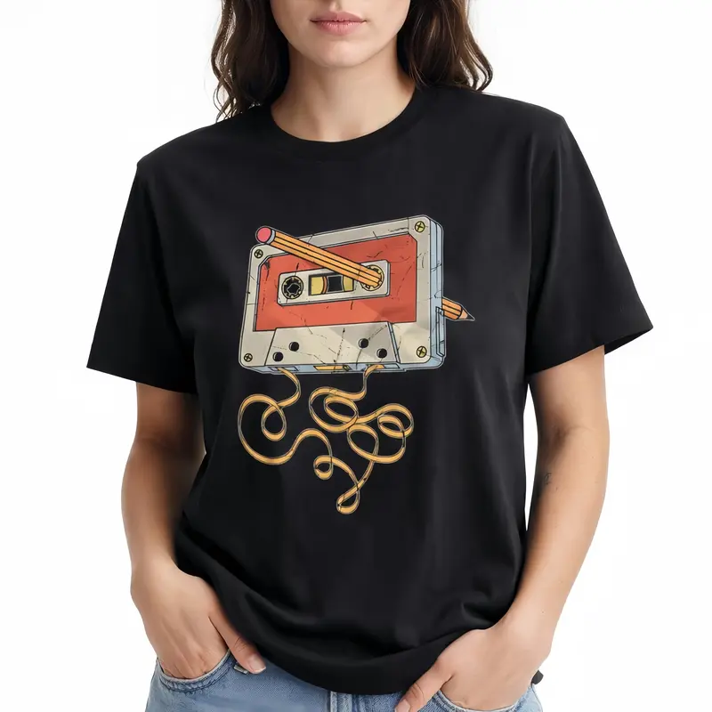 Women's Cotton Graphic Character T-Shirt - 80s/90s Cassette Tape & Retro Teddy Bear Nostalgia Prints, Round Neck, Short Sleeve, H-Type, 90s Relaxed Fit, Plus Size Casual Vintage Streetwear Tee