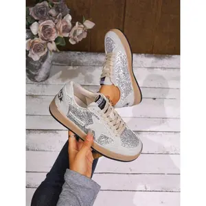 Women's Casual Shoes, Walking Shoes, Metal Sequins Lace-Up Sports Shoes, Star Decorations, Fashionable Look, Perfect for Trendy and Outdoor Activities(Sheets)
