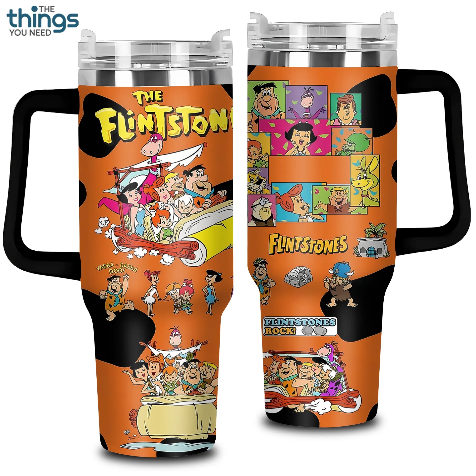 Flintstones 20oz - 40oz With Handle Tumbler, Stone Age Cartoon Stainless Steel Tumbler, Classic TV Show Fan Gift, Retro Cartoon Drinkware, Perfect Gift For Cartoon Lovers