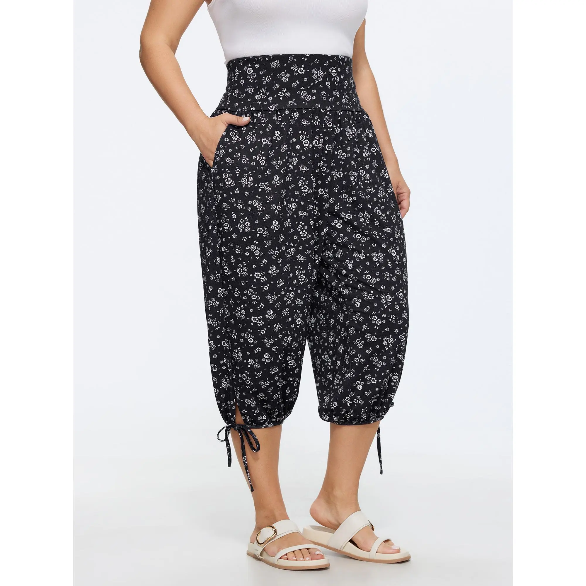 BLOOMCHIC Women's Plus Size Ditsy Pattern Elastic Stretch Casual Jogger Pants, Clothes with Drawstring Hem, 2026 Summer Capri Pants Outfit [M-6X]