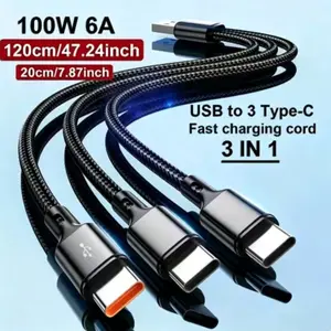 USB-3 Type-C Nylon Braided Charging Data Cable, 100w Super Fast Charge, 6a Universal, 0.2m/1.2m, Samsung S24, Apple, Xiaomi, Huawei
