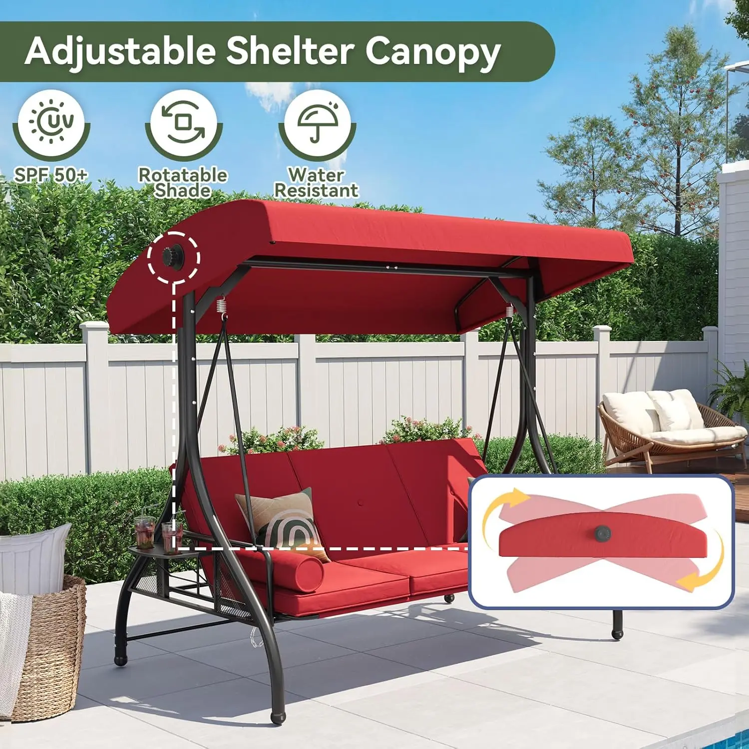 Aoxun 3-Seat Outdoor Porch Swing with Stand & Canopy - 2-in-1 Convertible Swing Bed, Cup Holders, Thick Cushions, Cool Outdoor Furniture