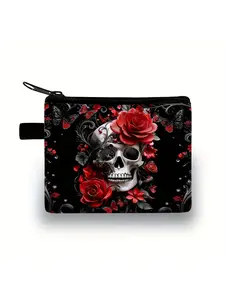 All-over print coin purse with skull & flower pattern Wristlet Wallets