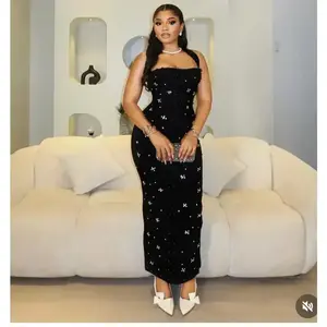 Autumn Winter Elegant African Party Evening Dresses for Women Sexy Sleeveless Polyester Maxi Dress Africa Clothing Formal Womenswear Black Check Gamis