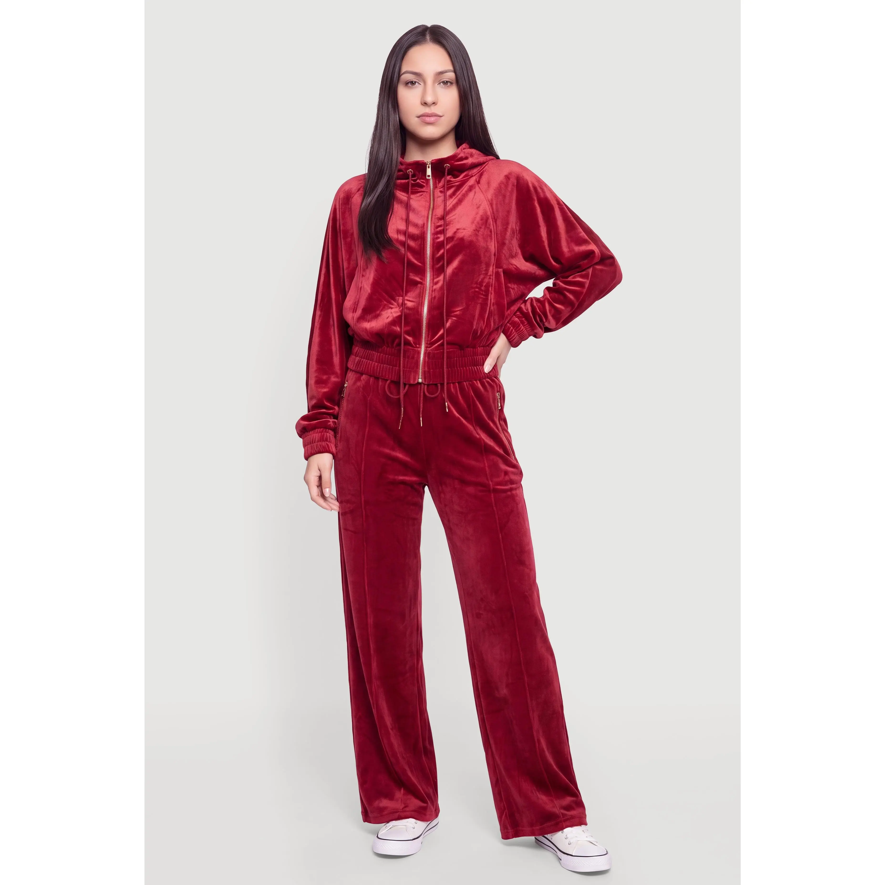 Velour High Waisted Wide Leg Sweatpants with Zip Pockets