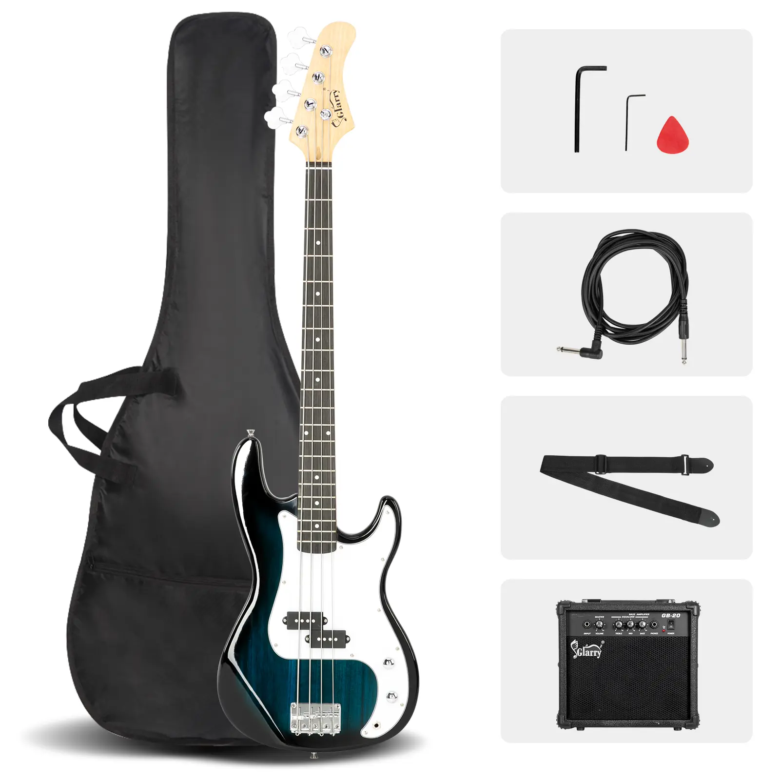 Brand Bass Guitar Package with Blue Case Strap Pick Cable Wrench Tool & Amplifier for Beginners Adults Teens Cool Music Gift unique electric beginner kit affordable beautiful production Accessories Set Acoustic Stylish Size Guitar Amp