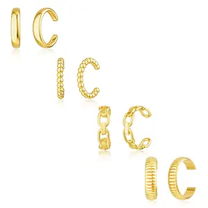 TEWIKY 14K Gold-Plated Ear Cuffs with Four Ears Gear Cuban Smooth Gold Bead Styles Perfect for Valentine's Day Gift