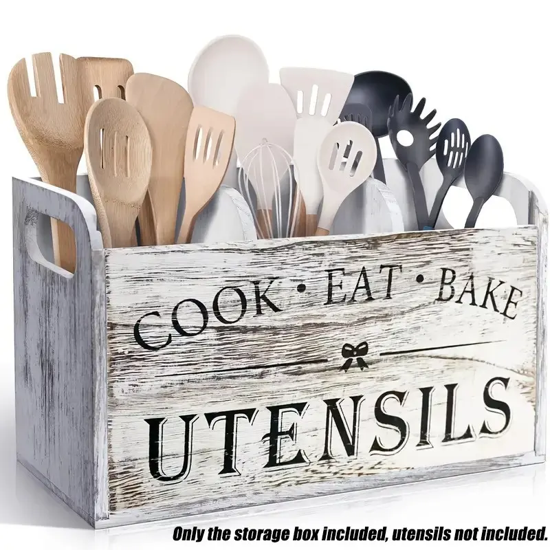 Country Distressed Wooden 3 Compartment Utensil Caddy, Wall Mount & Countertop Kitchen Organizer with Drying Holes & Carry Handles for Cooking Baking Tools