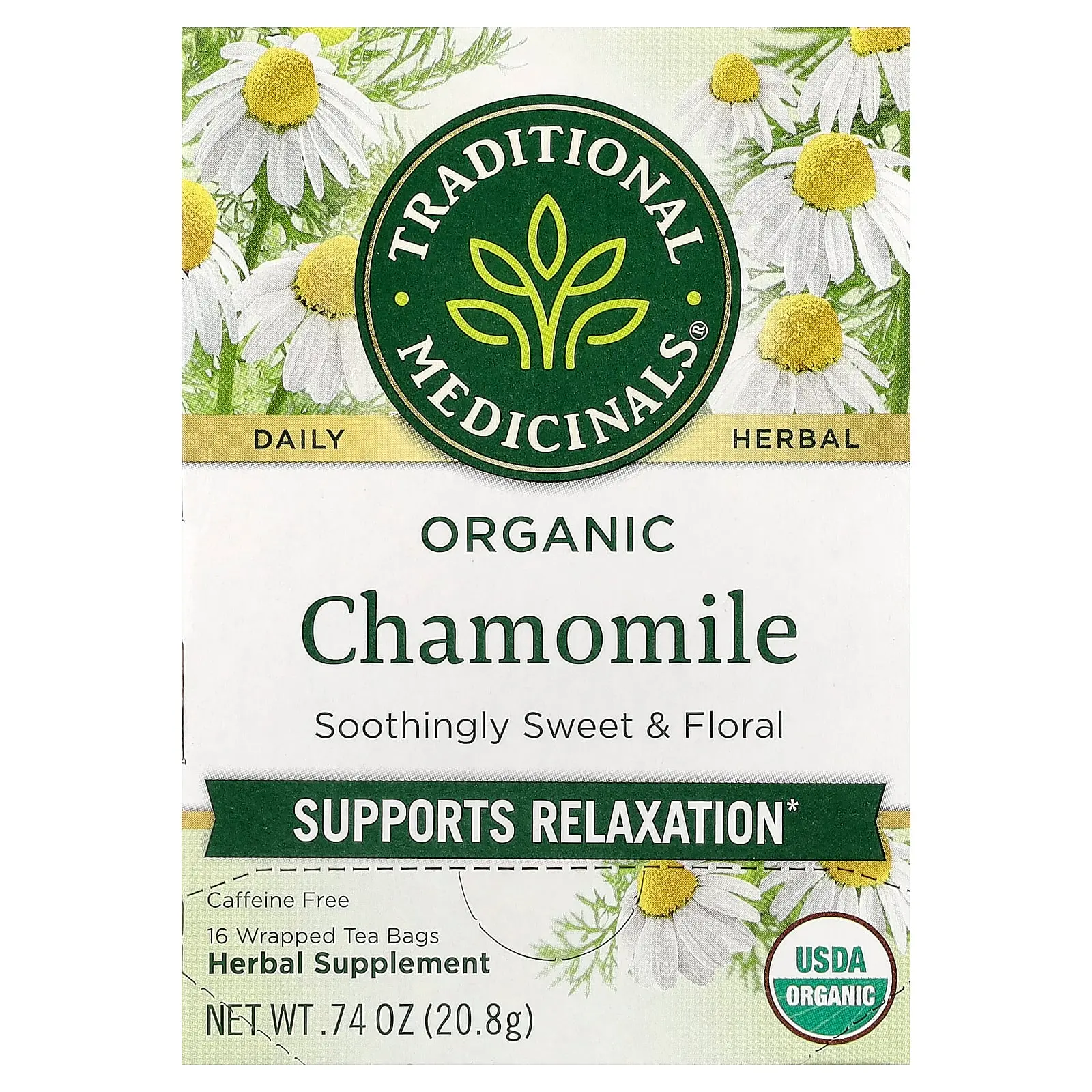 Traditional Medicinals Organic Chamomile, Caffeine Free, 16 Wrapped Tea Bags, 0.74 oz (20.8 g)