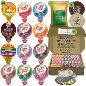 Coffee Mate Coffee Creamer Singles with Ground Coffee Medium Roast Packets - 101 total count, 12 Flavored Creamer Pods, 1x2.5 oz Coffee Bag, Stirrers & Coasters