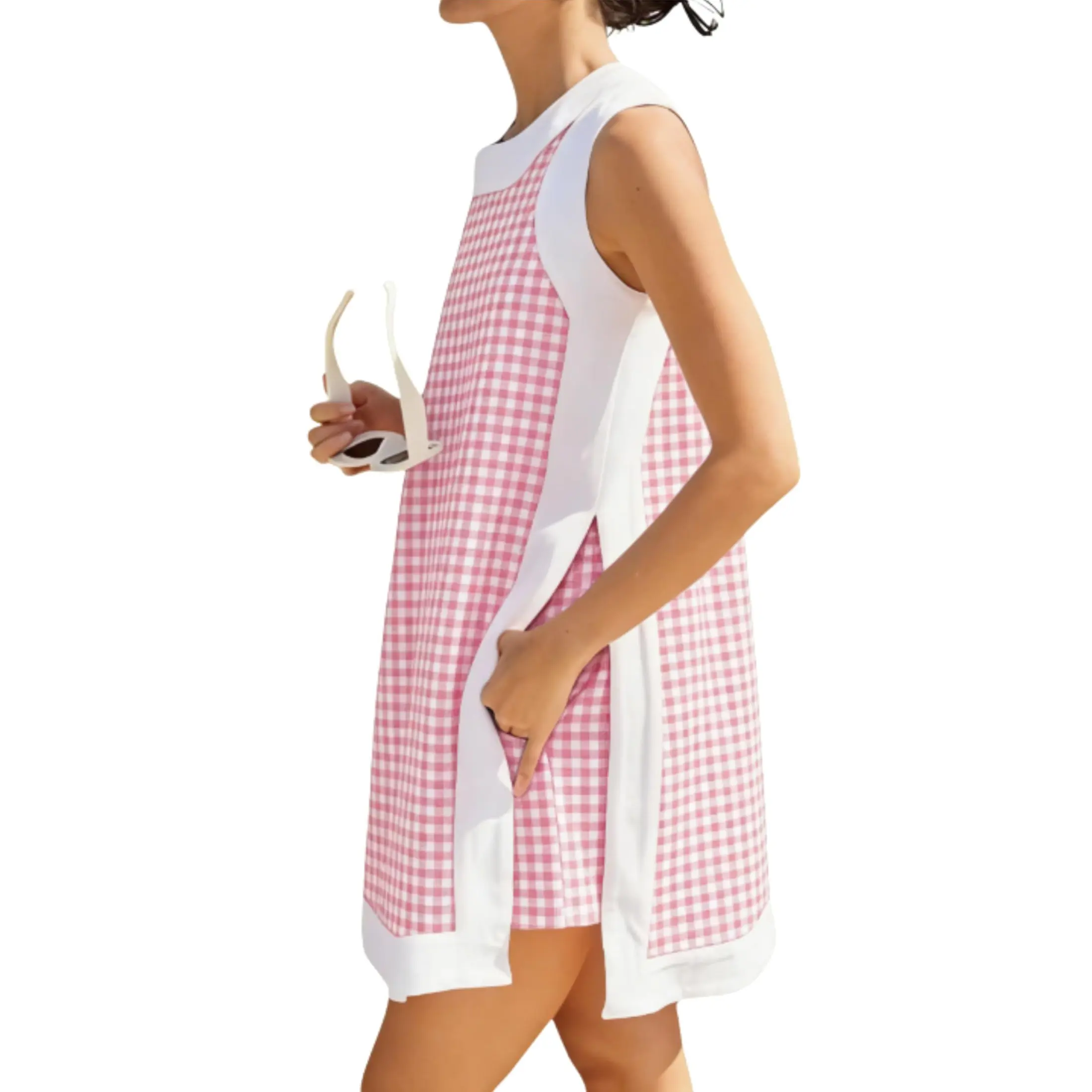 Bienmorn Women's Preppy Gingham Color Block Plaid Crewneck Sleeveless Loose A-Line Mini Dress with Pockets - Women's Casual Wear Outfit, 2-Piece Set with Top & Shorts for Summer, Outfits, 100% Cotton