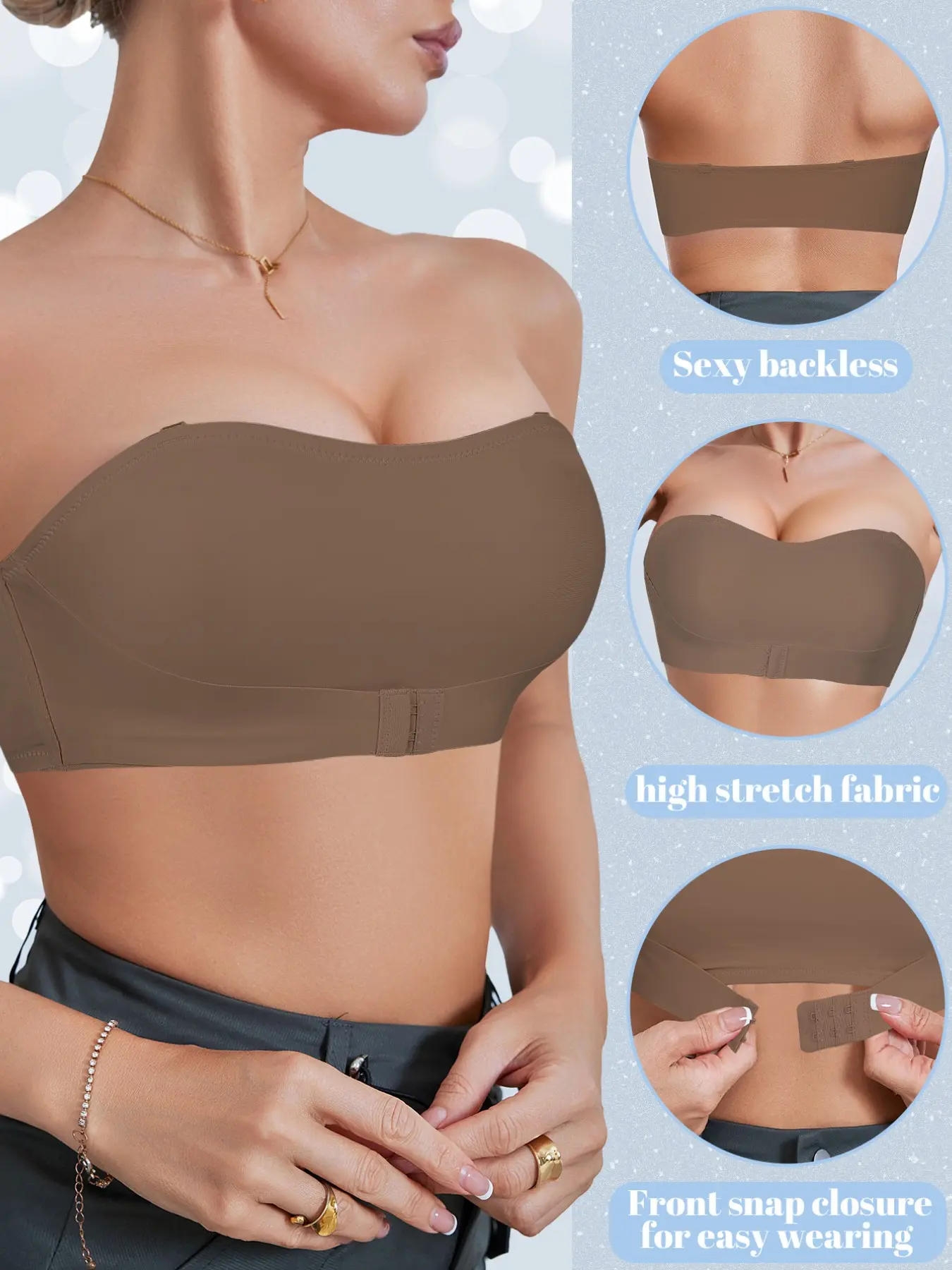 Women's strapless bandeau bra, with front closure Buckle and anti-slip design, soft and skin-friendly, perfect for pairing with backless and off-the-shoulder dresses