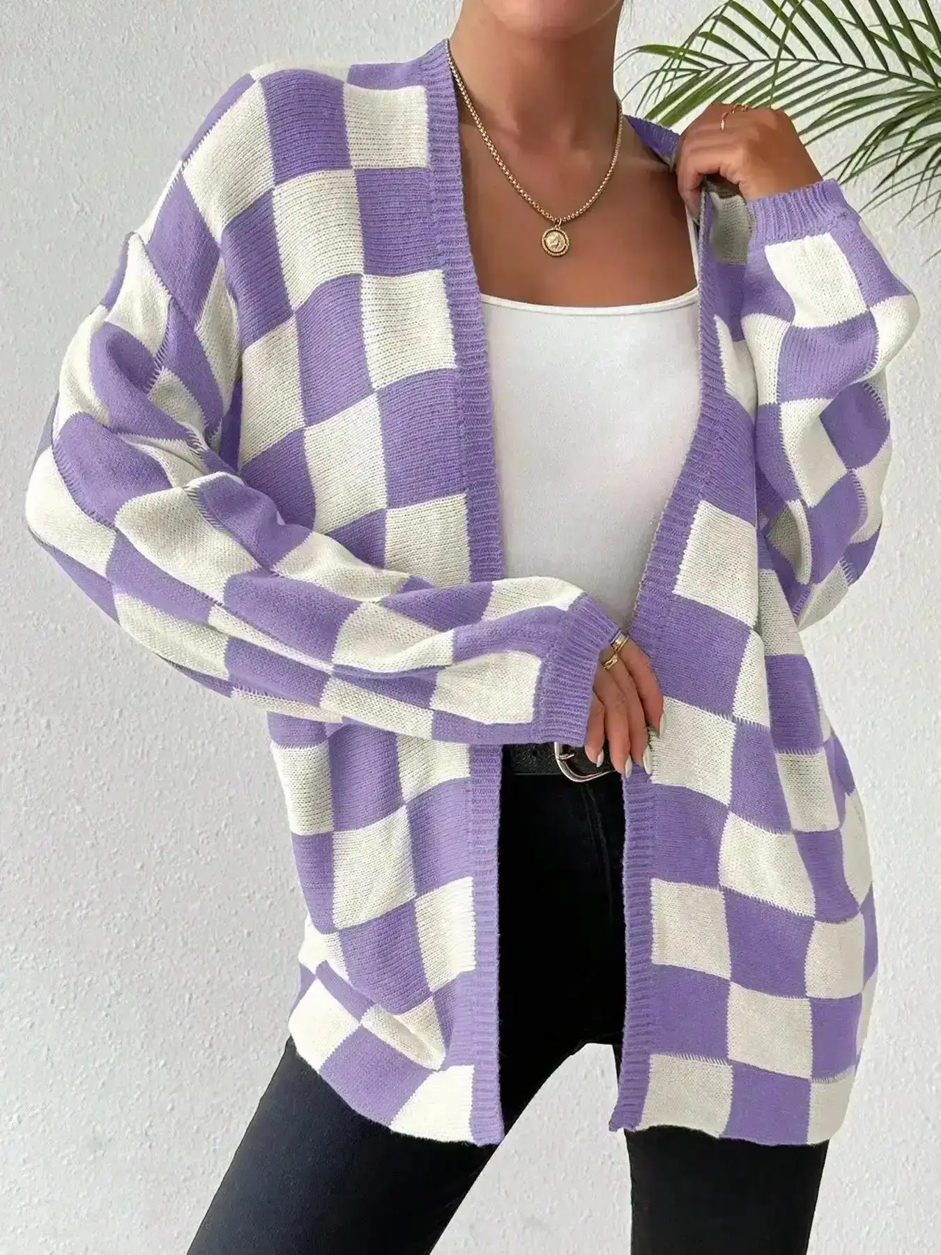 Chic Women's Knit Cardigan, Checkerboard Print Bishop Sleeve Open Front Cardigan, Womenswear Fashion Casual Long Knitwear for All Seasons, Knit Clothing Daily Wear, Women, Viral, Lookbook Style, Event Outfit