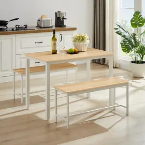 Dreamzon Dining Table Set, Bar Table with 2 Dining Benches, Kitchen Table Counter with Chairs, Industrial for Kitchen Breakfast Table, Living Room, Party Room, Natural and White , 43.3″L x23.6″W x 29.9″H