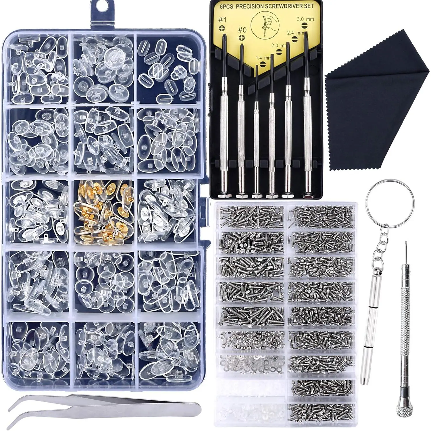 Upgrade Version Eyeglass Repair Kit,1500 Pcs  Complete Glasses Screws Kit and Nose Pads with 6 count Screwdrivers and 3 count Tools for Glasses, Eyeglasses and Sunglasses Repair