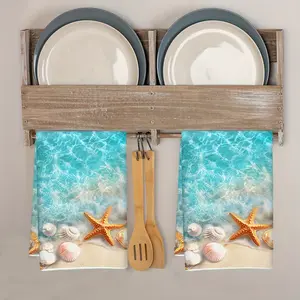 2-Pack Tropical Starfish & Shell Pattern Hand Towels, 16x24 Inch, Absorbent Soft Woven Polyester Kitchen Tea Towels, Space Themed Farmhouse Decor, Hand Wash Only Oblong Towels