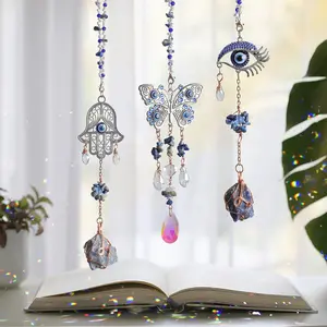 Set Of 3 Crystal Catchers, Butterfly and Evil Eye Design Hanging Decorations, Perfect Indoor and Outdoor Decoration, Home Room Window Garden Hanging Decoration, Ideal Christmas Gift for Family and Friends, Hanging Ornaments