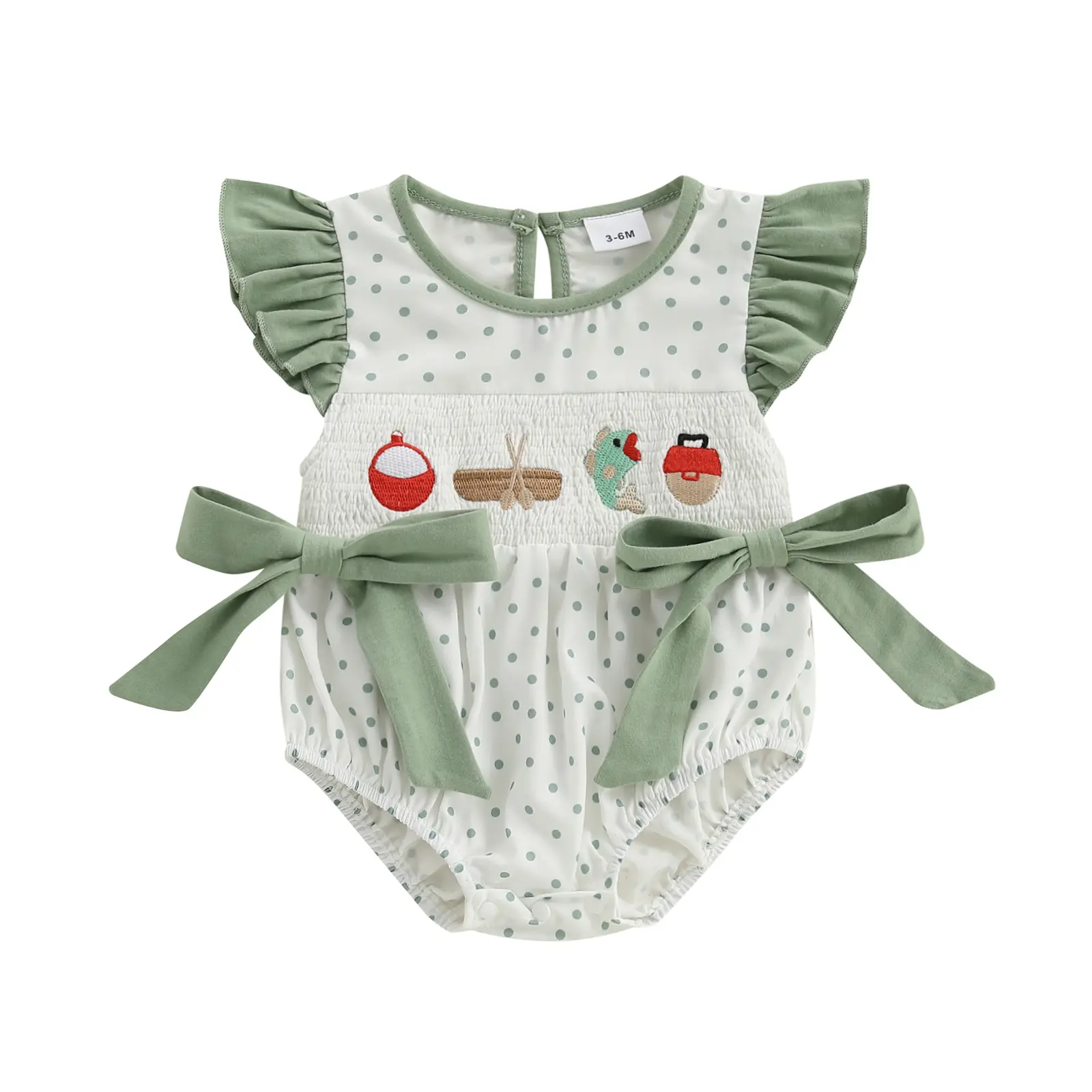 Newborn Baby Girl Fishing Outfit Fish Smocked Bubble Romper Dot Print Ruffle Onesie Bodysuit Infant Summer Clothes