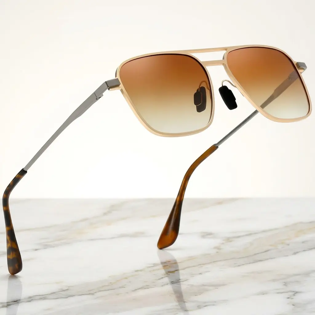 Retro Double Bridge Aviator Sunglasses, Unisex Gold-Silver Alloy Frame with Curved Tortoiseshell Temple Ends, Brown Gradient UV400 Glare Block Lenses for Driving, Glare Block Women's Sunglasses, Unisex Names, Foldable Hinge, Adjustable Silicone Nose Pads,