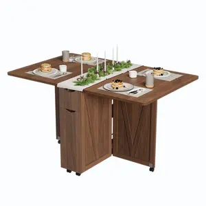 Space-Saving Modern Folding Dining Table with Drop Leaf, Drawer & 2-Layer Storage Shelf, 6 Wheels for Mobility - Compact Restaurant & Kitchen Table for Small Apartments