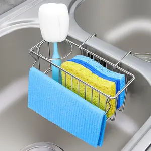 Sponge Holder for Kitchen Sink - 3 In 1 Sink Caddy for Brush Holder Dish Cloth Hanger Stainless Steel Organizer Rack for Drain Stopper Scrubber Soap Tray