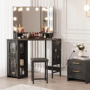 Corner Vanity Desk with LED Lighted Mirror Charging Station and Storage Cabinet with Stool-C