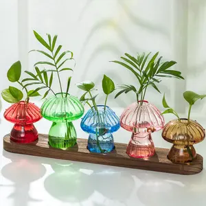 A set of 5 hydroponic mushroom vases, glass plant propagation stations, mushroom growers with wooden stands for home and office decoration - unique propagation containers for plant lovers, a gift for mom, Valentine's Day wedding home decor.