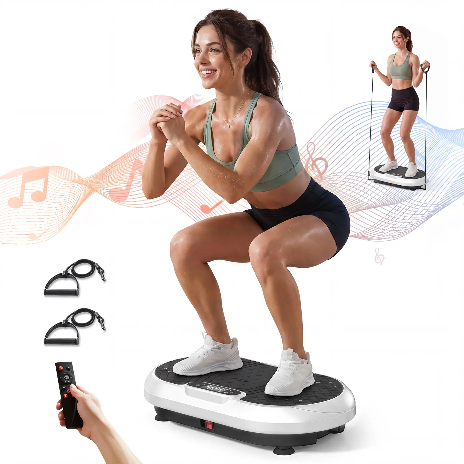 KingSmith Vibration Plate Machine - Unisex Compact Home Fitness Equipment, 400-Lbs Load-Bearing Whole Body Workout Trainer with LCD Display, Remote Control, Resistance Bands, Bluetooth Speakers, Anti-Slip Mat, Full-Body Focus Portable Gym Tool, Functional