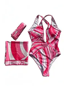 【Summervibes】3 Piece Bikini Set Women with Scarf Cover Up and Headband, Boho Floral Swimsuit, Adjustable Straps, Tummy Control High Waist Beach Vacation Outfit