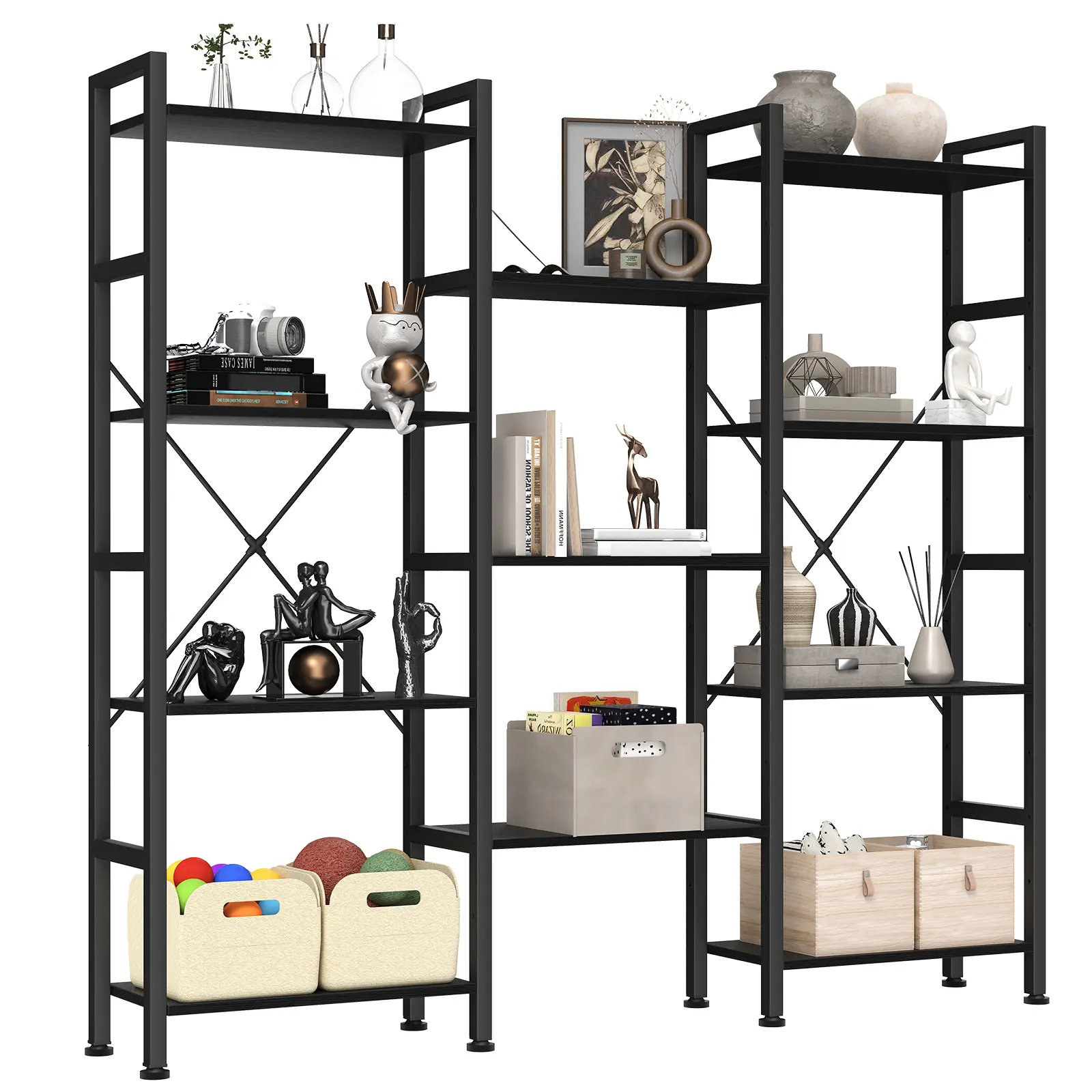 Wide Bookshelf with Adjustable Shelves, Convertible 3-Column 4-Tier Display Unit, Industrial Bookcase for Living Room & Home Office Wide Bookshelf with Adjustable Shelves, Convertible 3-Column 4-Tier Display Unit, Industrial Bookcase for Living Room & Home Office