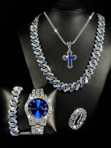 Men's Business Watch Set with Calendar, Water Drill Decoration, Fashionable and Elegant, Trendy Jewelry Set, Perfect Valentine's Day Gift Option, Jewelry Set