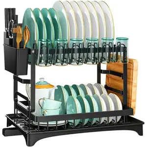 Double-tier dish drying rack, ideal for kitchen countertop storage; holds plates, bowls, and all kinds of tableware, Dish Racks