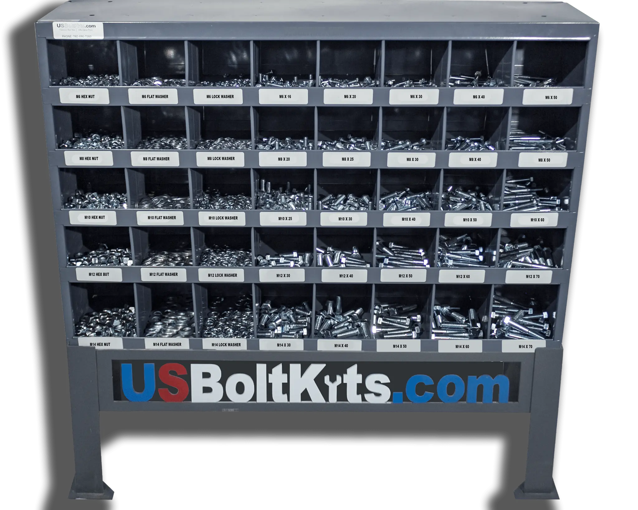Industrial Durable Steel Bin Tool Organizer Kit - 40-Hole Steel Bins, Metric 10.9 Coarse Thread Zinc-Plated Parts, Includes 3625 Pieces, 33"x8.5"x24", 64 lbs Fasteners Capacity, Hex Screws for Hardware Organization