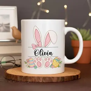 [Sale Up To 50%] Custom Easter Bunny Name Mug 11oz 15oz, Personalized Bunny Ears Coffee Mug, Cute Spring Bunny Cup, Easter Gift for Kids and Family, 11oz & 15oz ceramic mug