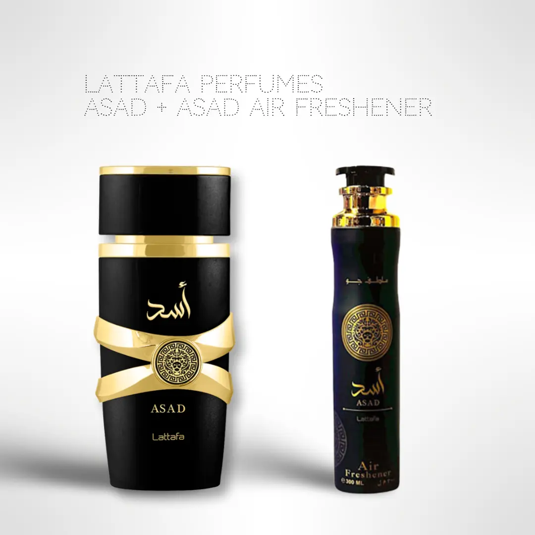 Lattafa Asad Eau de Parfum 100ml + Asad Air Freshener 300ml – Signature Masculine Scent Duo, Scented, Aroma